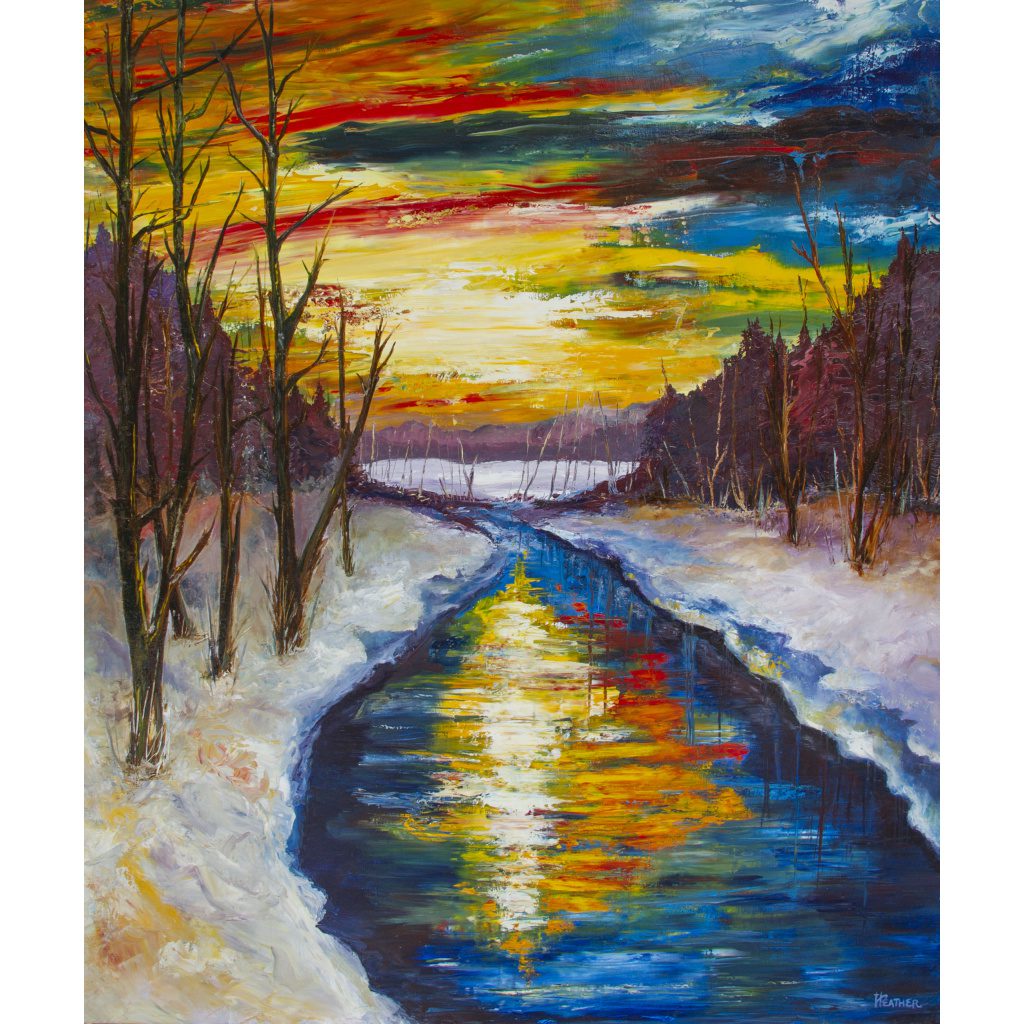 Be Still oil painting, moonlight, full moon, harvest moon, snowy cold night, colorful sky, bare trees