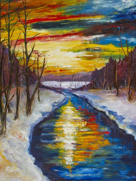 Be Still oil painting, moonlight, full moon, harvest moon, snowy cold night, colorful sky, bare trees