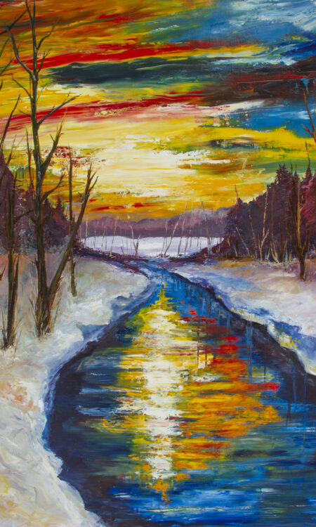 Be Still oil painting, moonlight, full moon, harvest moon, snowy cold night, colorful sky, bare trees