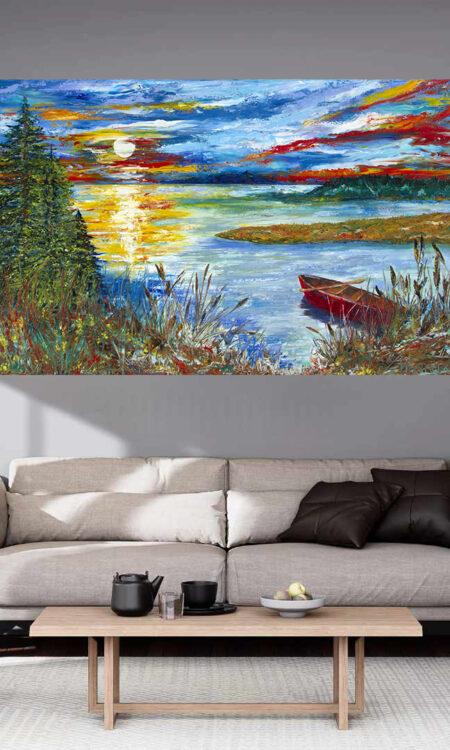 Canoe Cove Print hanging above a couch in a living room mockup 2