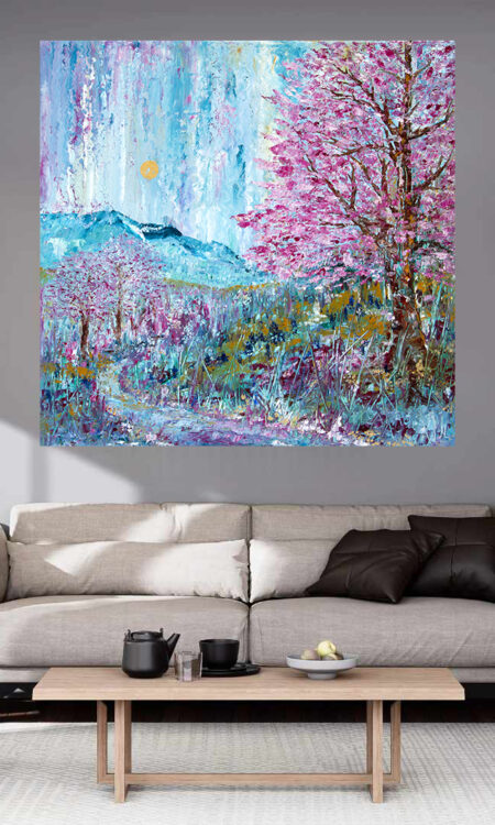 Cherry Beginnings Print hanging above a couch in a living room mockup 2