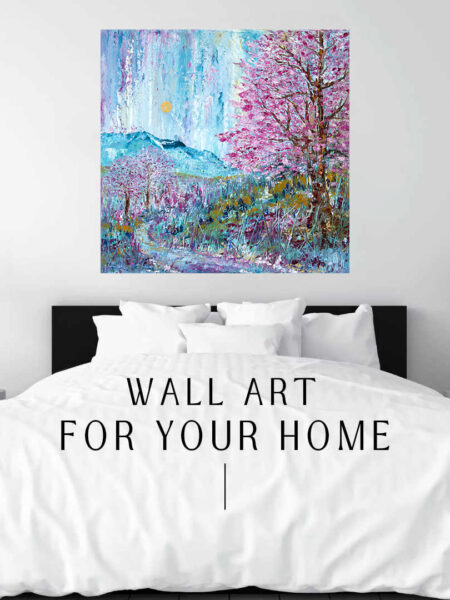 Cherry Beginnings Print hanging above a bed in a bedroom mockup