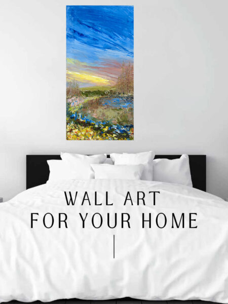 Daffodil Sunrise Print hanging above a bed in a bedroom mockup