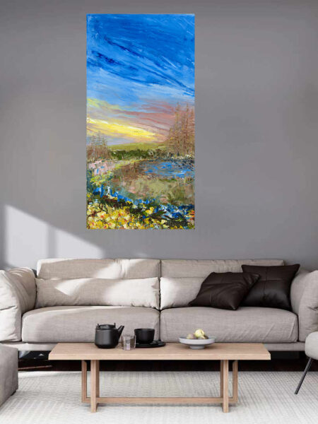 Daffodil Sunrise Print hanging above a couch in a living room mockup 2