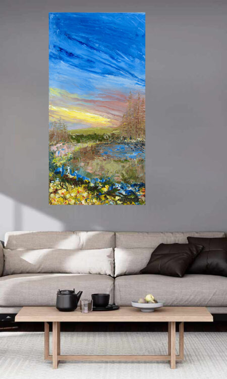 Daffodil Sunrise Print hanging above a couch in a living room mockup 2