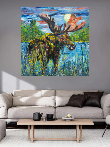 Marsh Mellow Moose Print hanging above a couch in a living room mockup 2