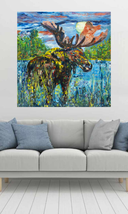 Marsh Mellow Moose Print hanging above a couch in a living room mockup