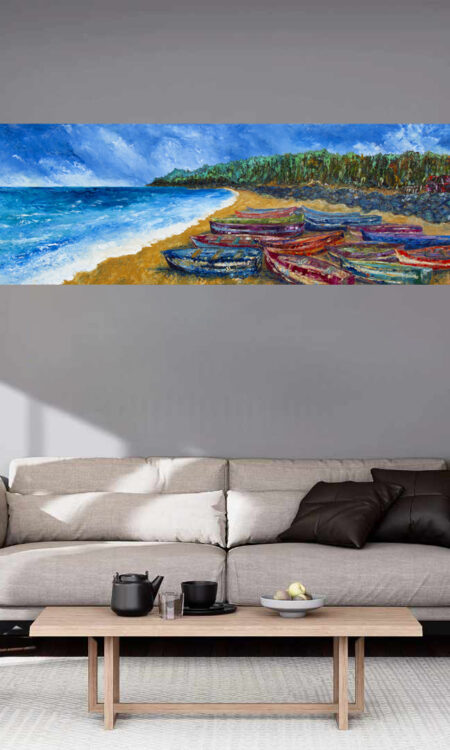 Pondicherry Boats Print hanging above a couch in a living room mockup