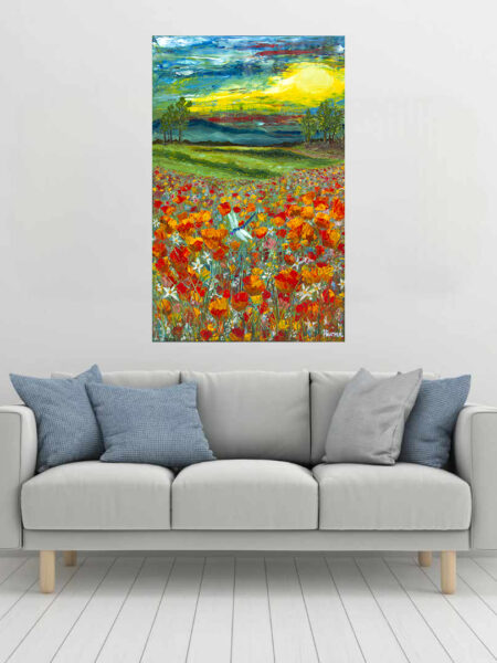 Poppy Fun Print hanging above a couch in a living room mockup