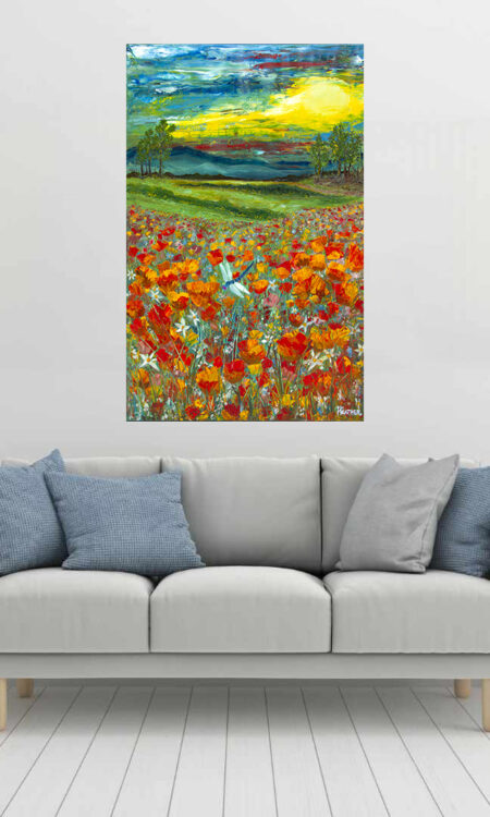 Poppy Fun Print hanging above a couch in a living room mockup