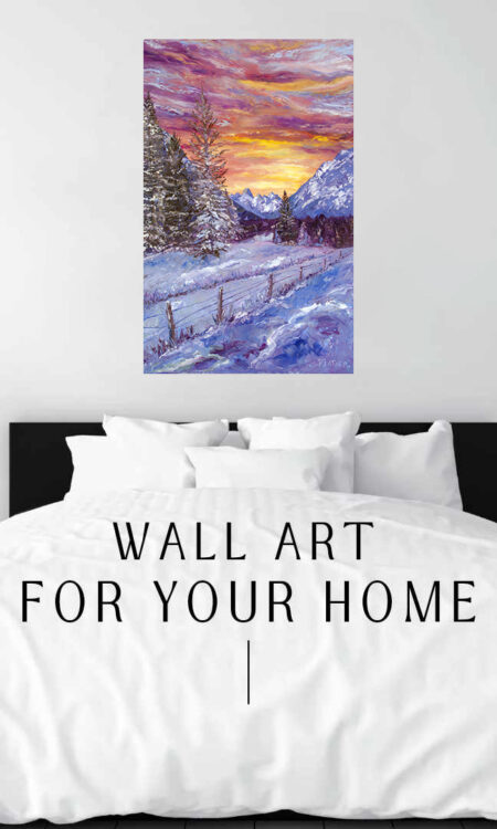 Purple Road Home Print hanging above a bed in a bedroom mockup