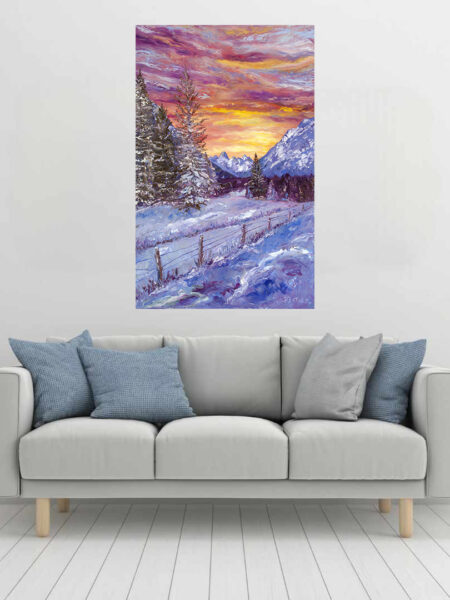 Purple Road Home Print hanging above a couch in a living room mockup