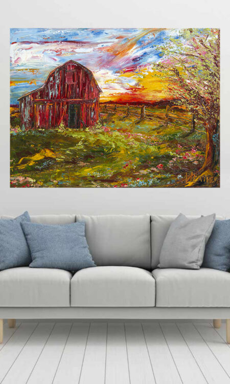 Riverbreaks Barn Print hanging above a couch in a living room mockup