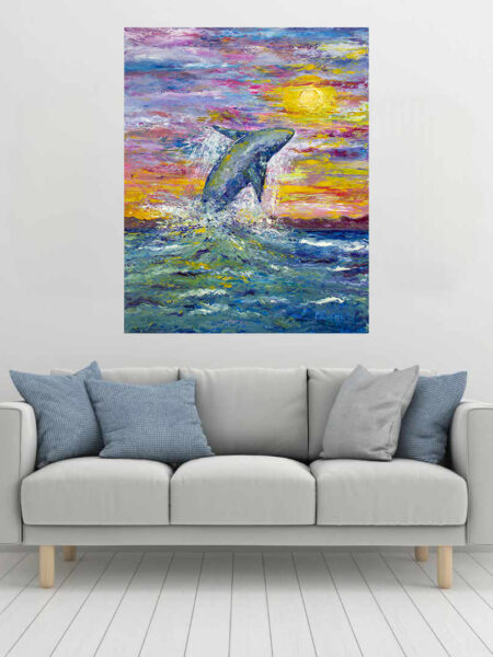 Splash of Joy Print hanging above a couch in a living room mockup