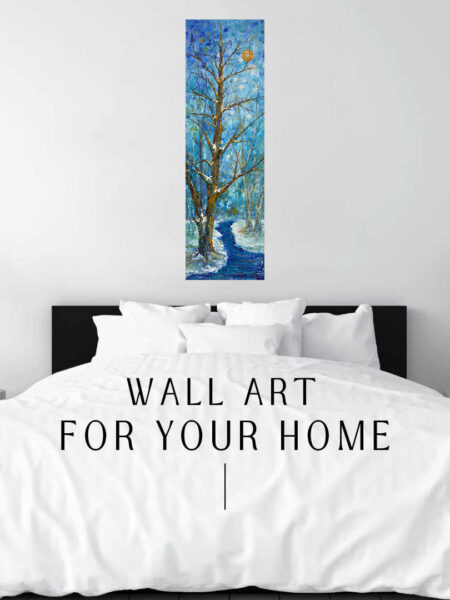 Butterscotch Moon Print hanging above a bed in a bedroom mockup