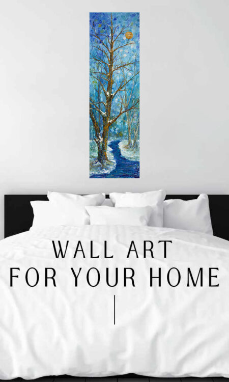 Butterscotch Moon Print hanging above a bed in a bedroom mockup