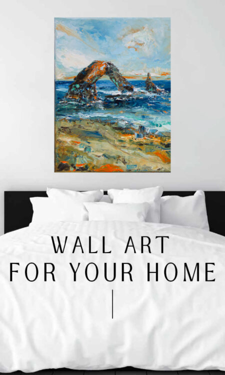 Arched Adventure Print hanging above a bed in a bedroom mockup