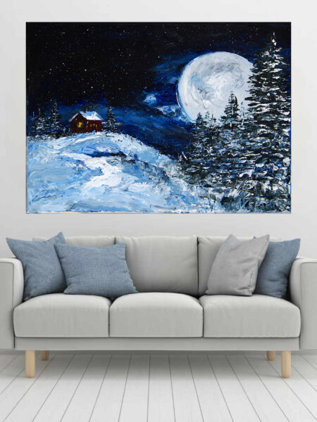 Blue Moon Print hanging above a couch in a living room mockup