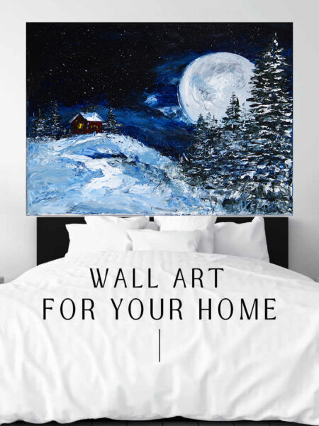 Blue Moon Print hanging above a bed in a bedroom mockup