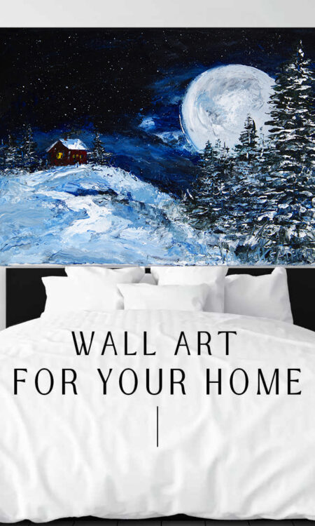 Blue Moon Print hanging above a bed in a bedroom mockup