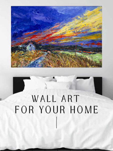 Calling Home Print hanging above a bed in a bedroom mockup