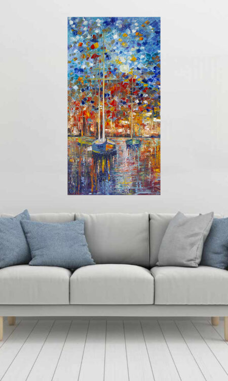 Festive Harbor Print hanging above a couch in a living room mockup