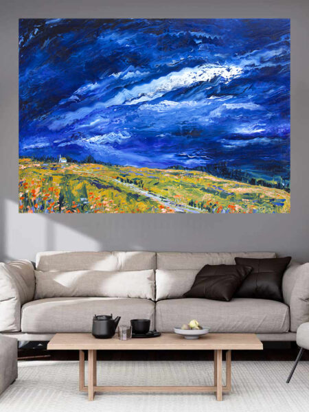 Holy Rollin' Thunder Print hanging above a couch in a living room mockup 2