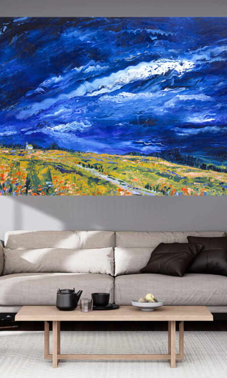 Holy Rollin' Thunder Print hanging above a couch in a living room mockup 2