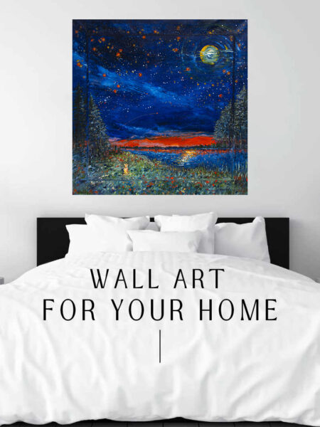 Sorry Night Print hanging above a bed in a bedroom mockup