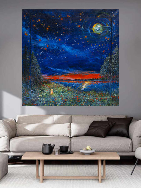 Sorry Night Print hanging above a couch in a living room mockup 2