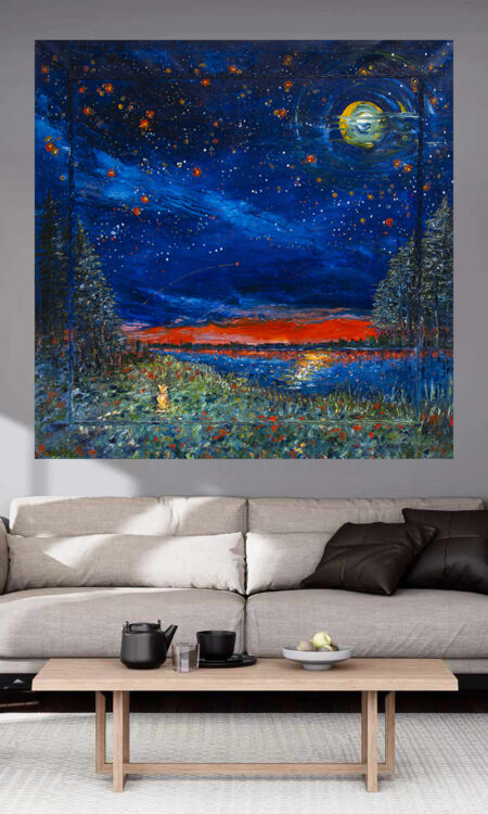 Sorry Night Print hanging above a couch in a living room mockup 2