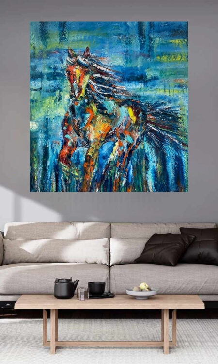 Steel Wind Print hanging above a couch in a living room mockup 2