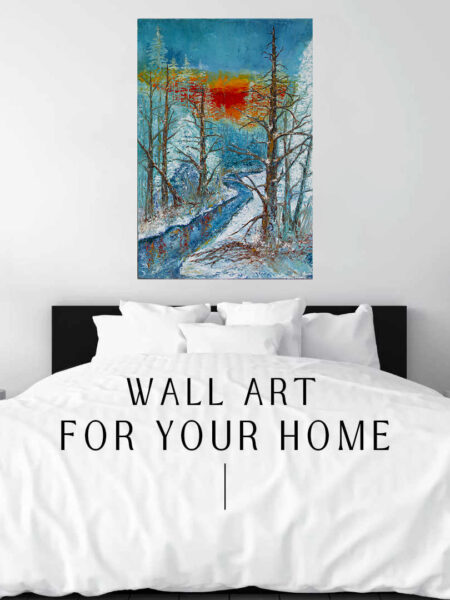 Upstream Gold Print hanging above a bed in a bedroom mockup