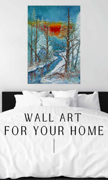 Upstream Gold Print hanging above a bed in a bedroom mockup