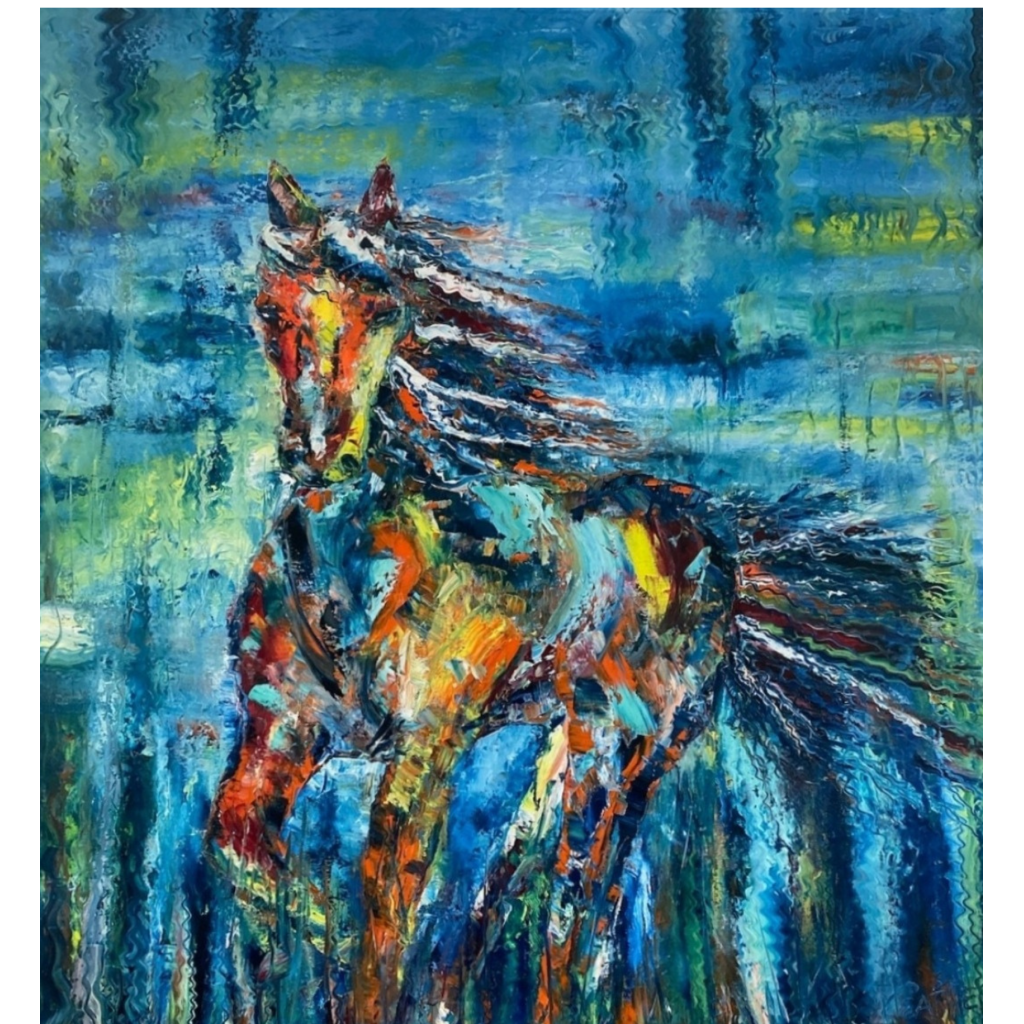 Steel wind artistic, whimsical horse, multicolored horse oil painting