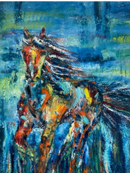 Steel wind artistic, whimsical horse, multicolored horse oil painting