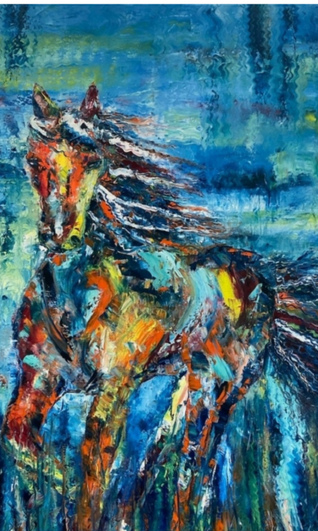 Steel wind artistic, whimsical horse, multicolored horse oil painting