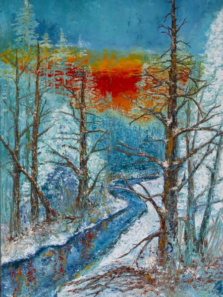 Upstream Gold Original Painting beautiful sunset, cold snowy day, snow covered creekside bank, river, stream, creek, bare trees