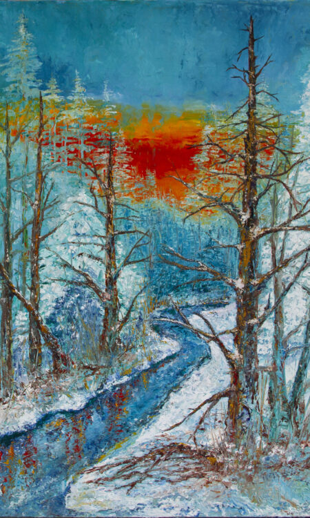 Upstream Gold Original Painting beautiful sunset, cold snowy day, snow covered creekside bank, river, stream, creek, bare trees