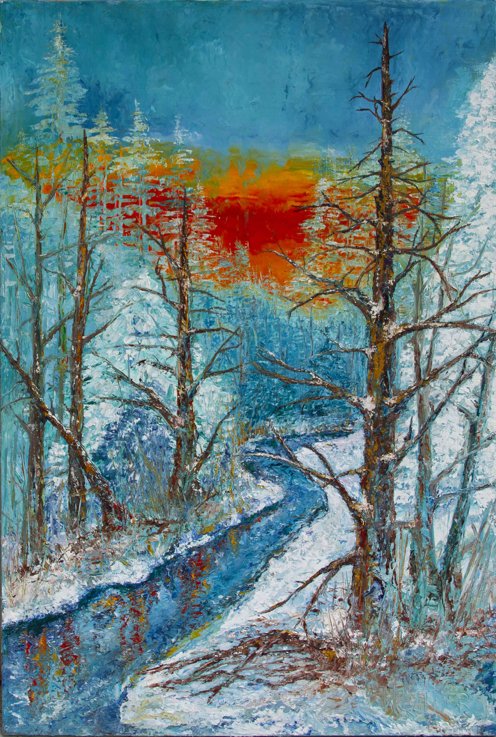 Upstream Gold Original Painting beautiful sunset, cold snowy day, snow covered creekside bank, river, stream, creek, bare trees
