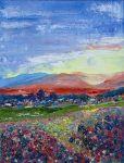 Palette knife oil painting titled 'Gold & Fleece' by Heather Pedersen: A colorful countryside with sheep grazing in the distance