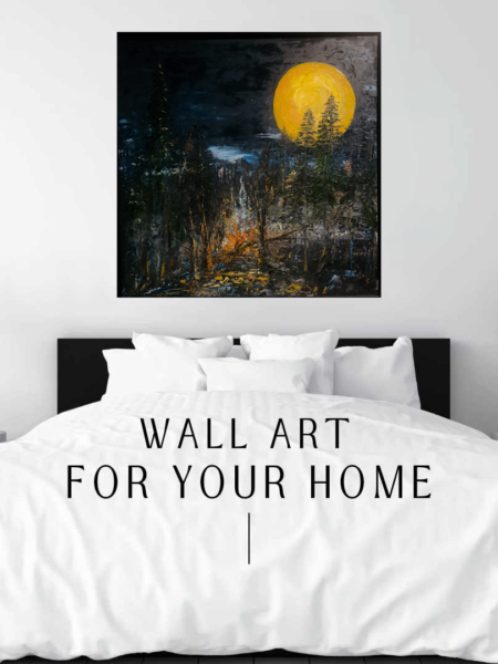 Moonlit Blaze Print hanging above a bed in a bedroom mockup