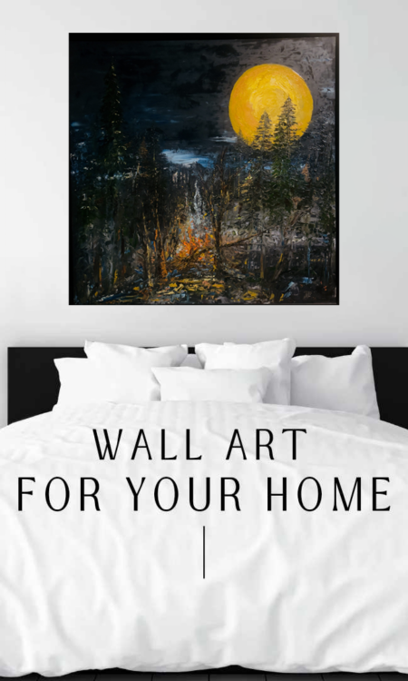 Moonlit Blaze Print hanging above a bed in a bedroom mockup