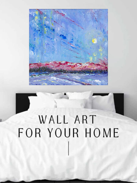 Red Range Print hanging above a bed in a bedroom mockup