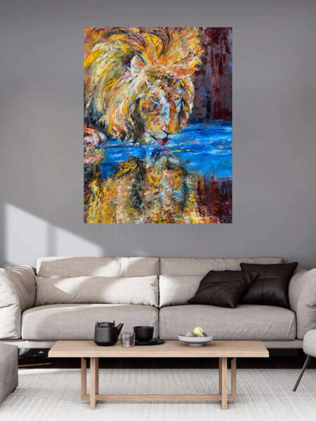 Those Lion Eyes Print hanging above a couch in a living room mockup 2