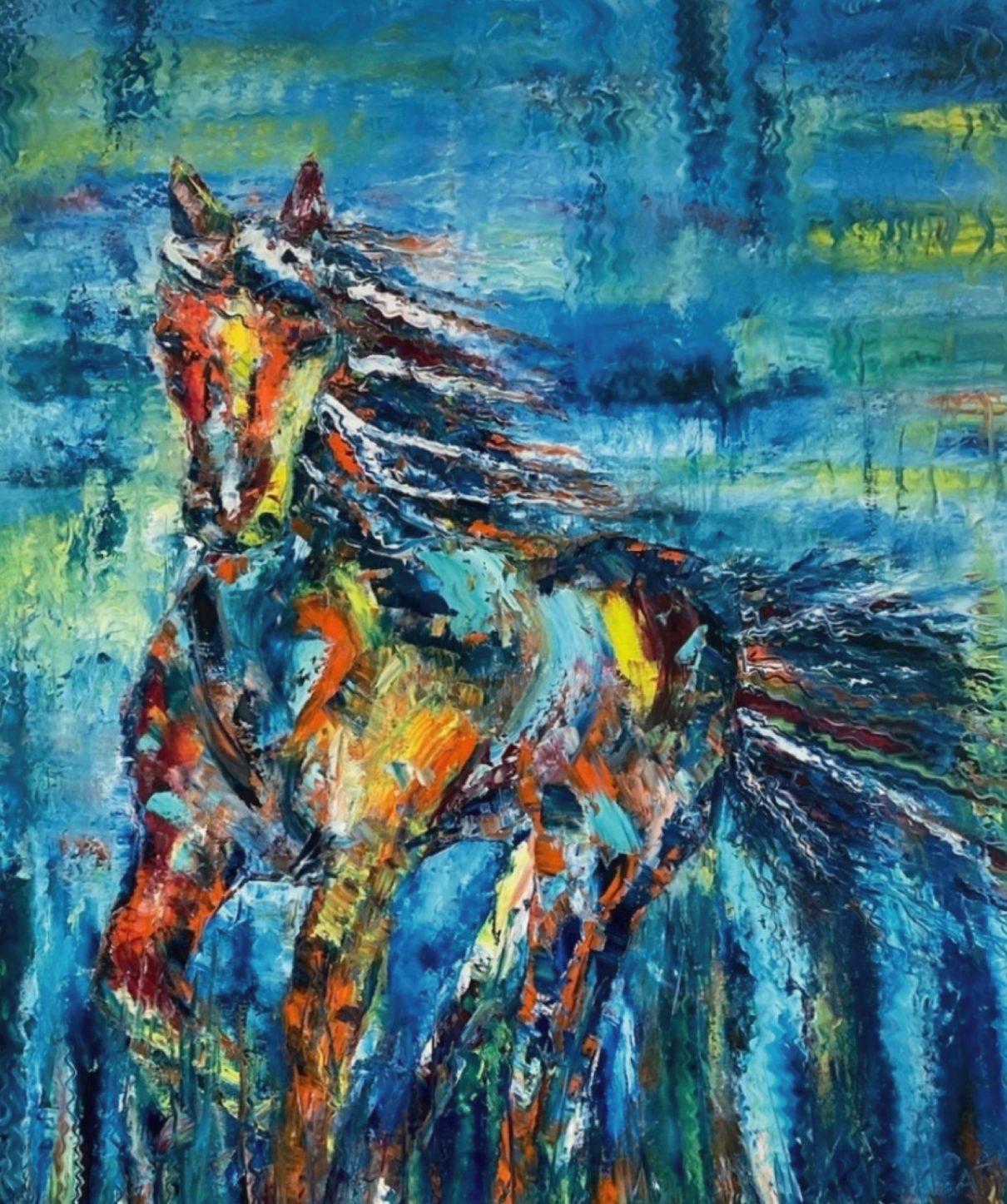 Steel wind artistic, whimsical horse, multicolored horse oil painting