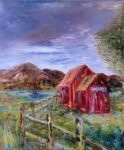 "Sun Valley Barn" palette knife oil painting by Heather Pedersen