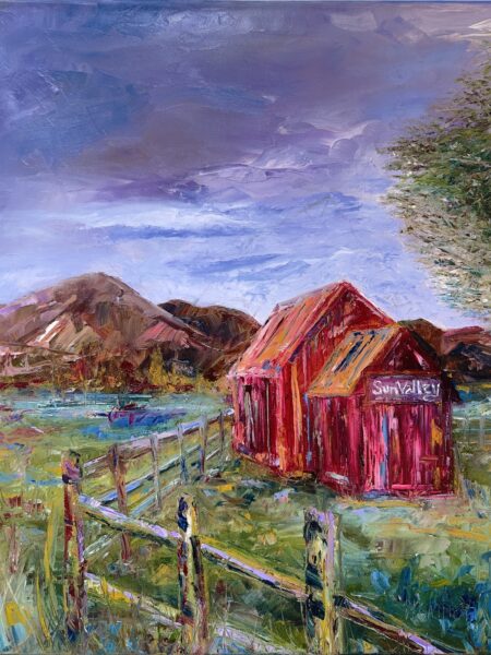 "Sun Valley Barn" palette knife oil painting by Heather Pedersen