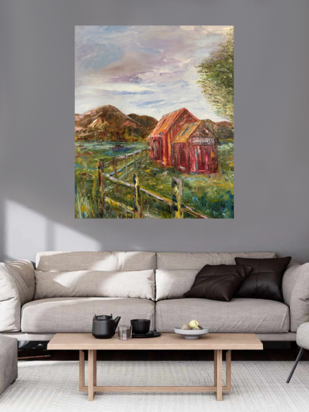 Sun Valley Barn Print hanging above a couch in a living room mockup