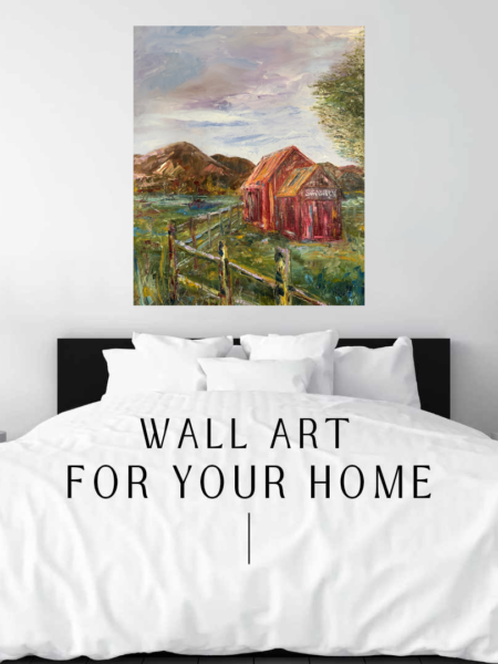 Sun Valley Barn Print hanging above a bed in a bedroom mockup